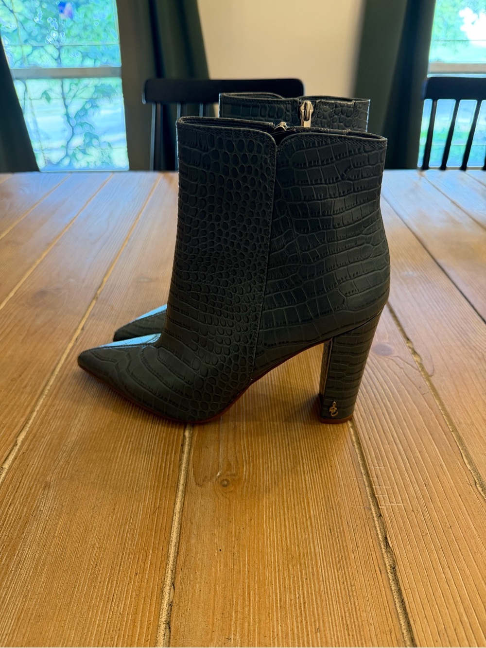 Sam Edelman Raelle Green Croc-Embossed Pointed Ankle Boots